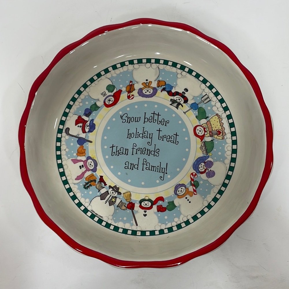 Abbey Press Holiday/Winter/Snowmen Pie Dish Vintage 10.5” x 1.75” Red Rim Multi